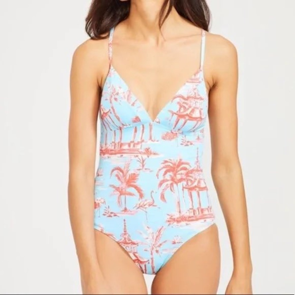 J.McLaughlin Tropical Toile Flamingo One‎ Piece Swimsuit Aqua Coral palmer 12